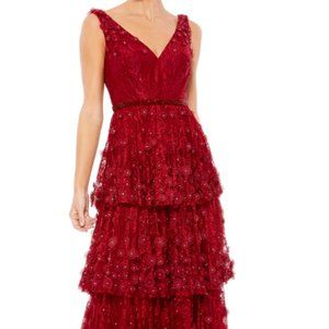 MAC DUGGAL 67710 FLORAL APPLIQUE RUFFLED TIERED SLEEVELESS V-NECK RED GOWN sz 12